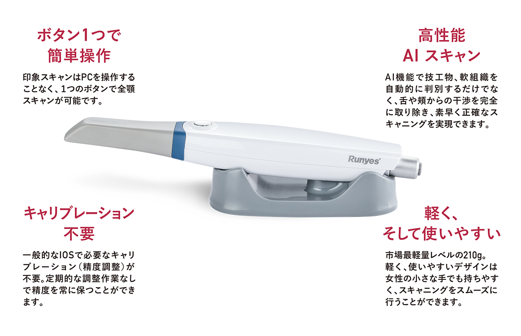 ボタン1つで簡単操作　印象スキャンはPCを操作することなく、１つのボタンで全顎スキャンが可能です。　高性能AIスキャン　AI機能で技工物、軟組織を自動的に判別するだけでなく、舌や頬からの干渉を完全に取り除き、素早く正確なスキャニングを実現できます。　キャリブレーション不要　一般的なIOSで必要なキャリブレーション（精度調整）が不要。定期的な調整作業なしで精度を常に保つことができます。　軽く、そして使いやすい　市場最軽量レベルの210g。軽く、使いやすいデザインは女性の小さな手でも持ちやすく、スキャニングをスムーズに行うことができます。